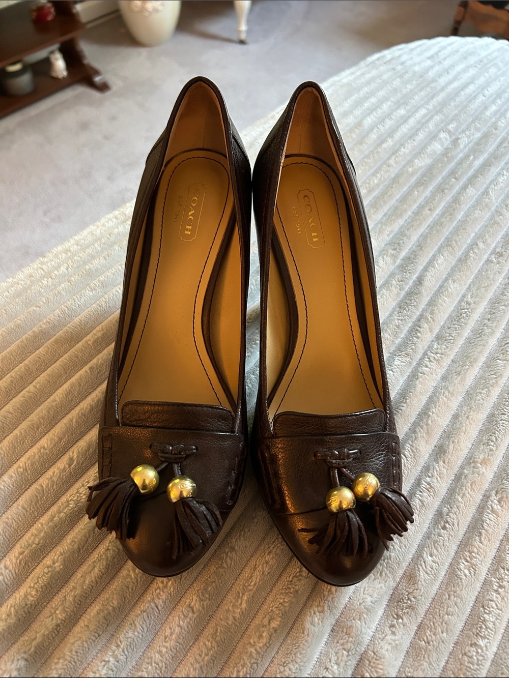 Coach Brown Leather Tassel Pumps with Gold Accents